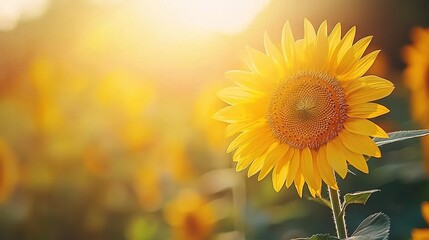 Obraz premium Sunflower in sunflower field under sun's rays