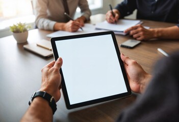 A person holds a digital tablet during a collaborative business meeting. Colleagues engage in note-taking and discussion, highlighting technology integration in modern work environments.