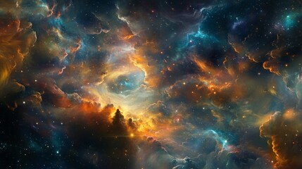 An abstract cosmic scene with swirling galaxies, stars, and nebulous clouds of color, giving a sense of the vastness and mystery of the universe