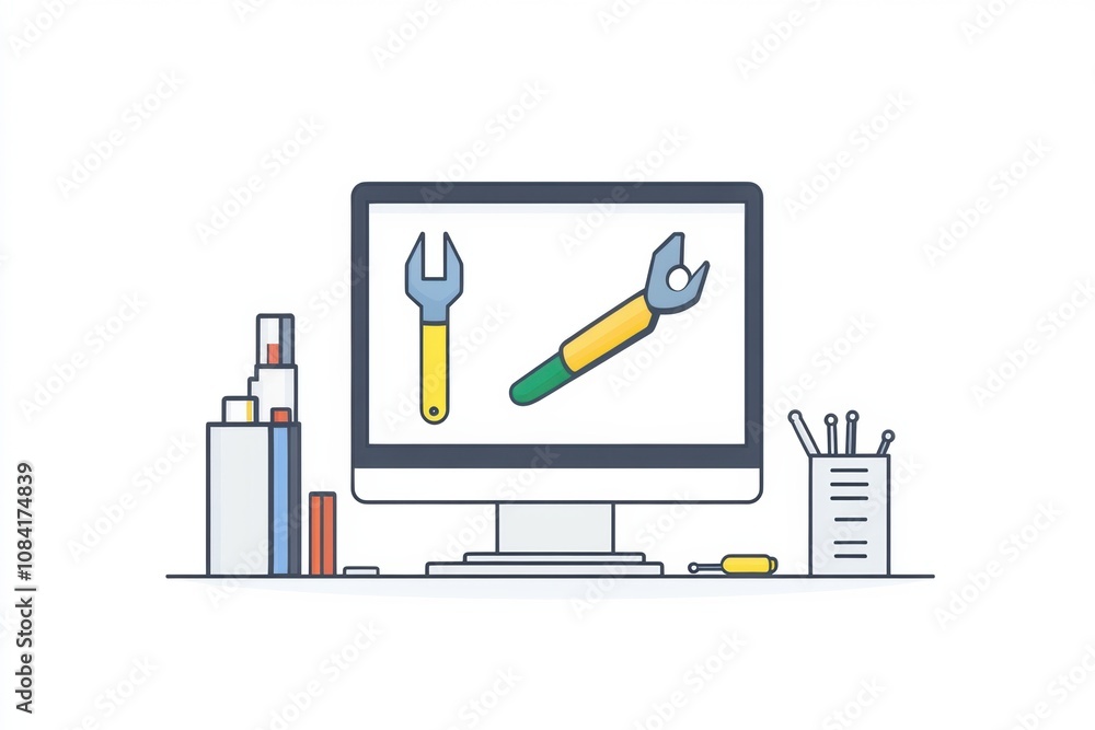 Poster a computer monitor features a vibrant screwdriver and wrench icon while various tools and supplies a
