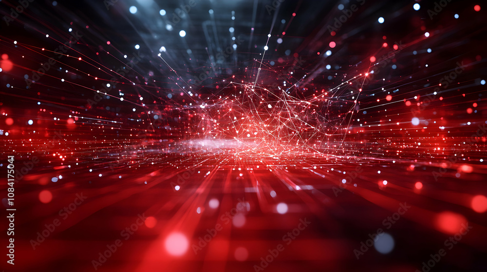 Poster abstract red and blue network background: digital data streams converge and radiate dynamically