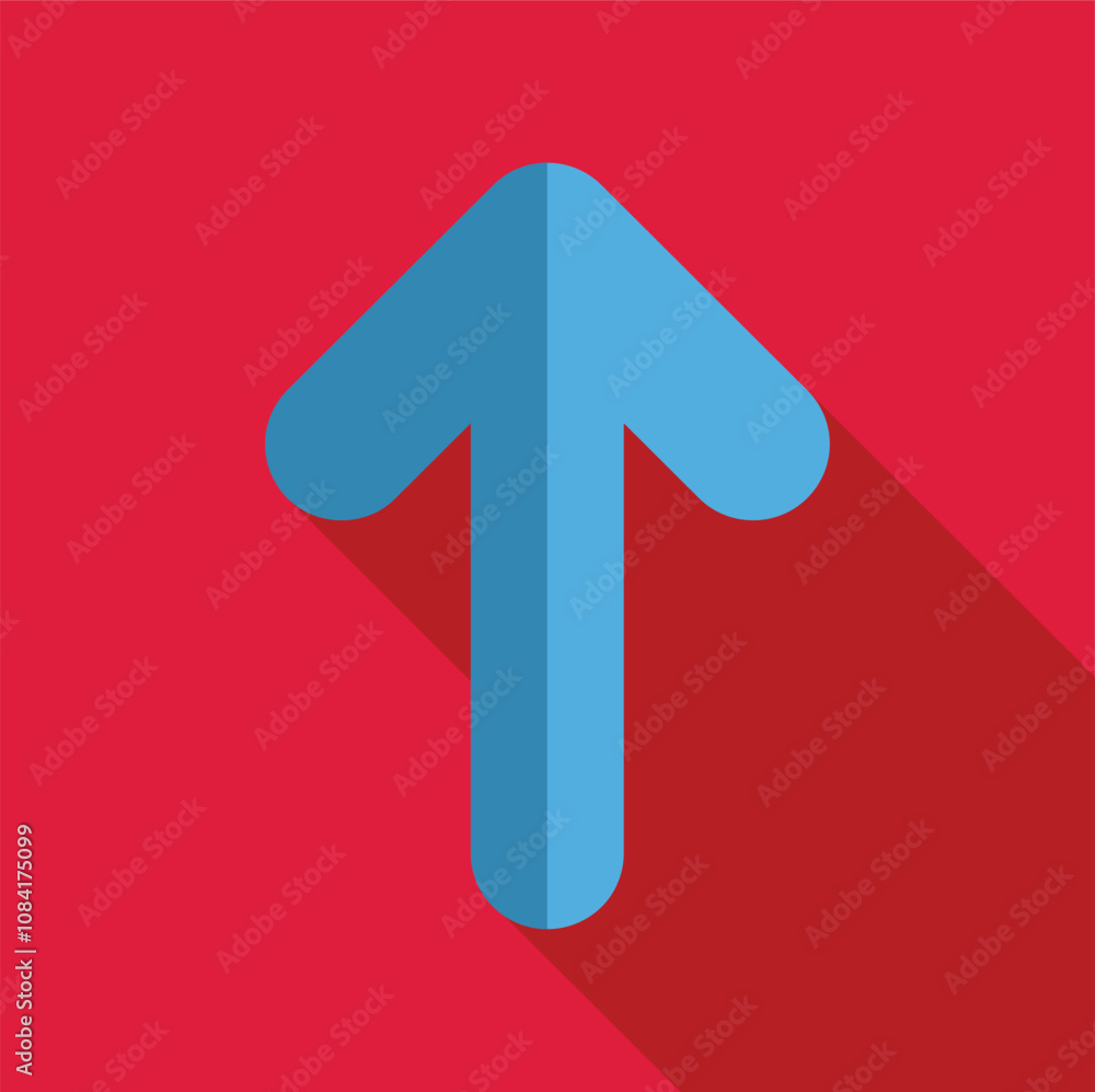 Poster simple blue arrow pointing upwards with a long shadow on a red background, representing concepts suc