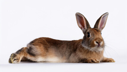 Obraz premium Rabbit in a lying position on a white background. 