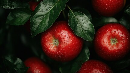 Obraz premium Red apples atop leafy branch with water droplets