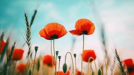 Obraz premium Red poppy field with blue sky in the background is a field of tall grass