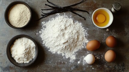 Baking Ingredients: Flour, Vanilla Beans, Eggs, and a Metal Cap