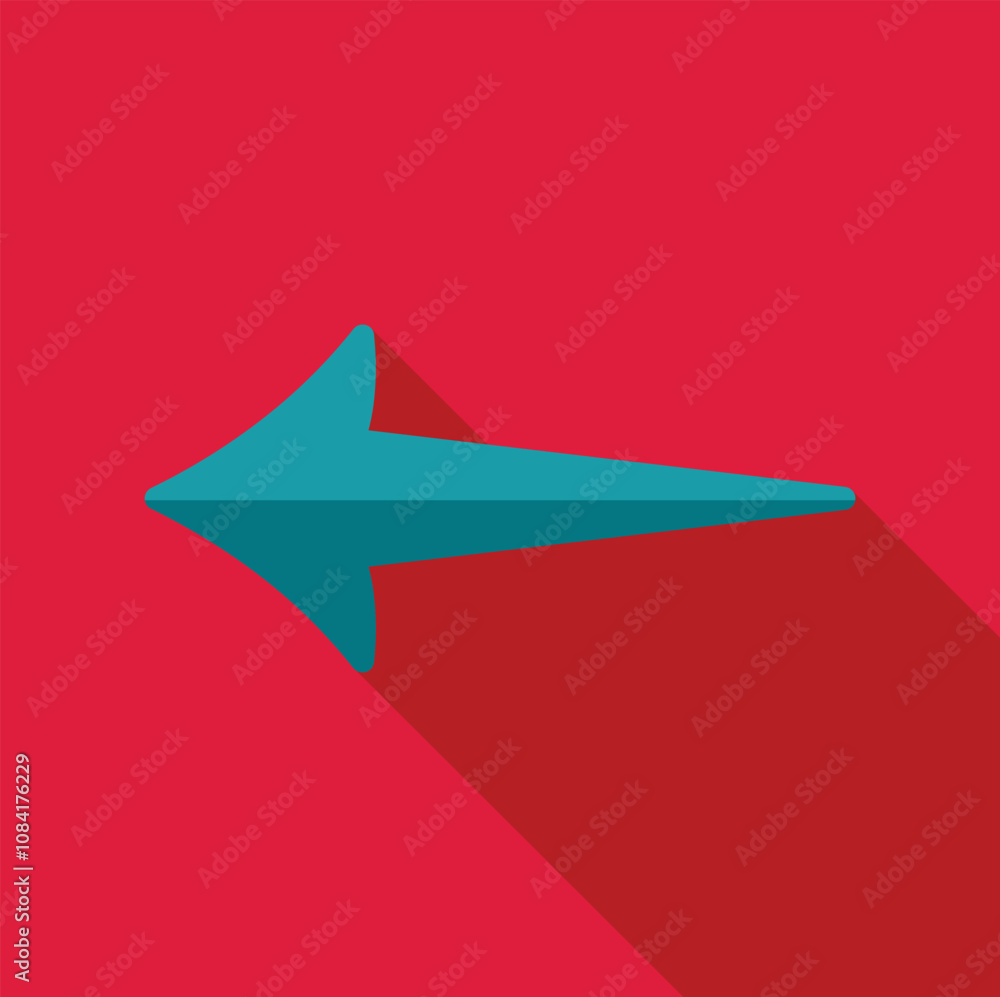 Aufkleber simple teal arrow pointing left casting a long shadow on a vibrant red background, perfect for indic