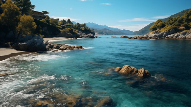 An aerial view captures the scenic beauty of Arcomagno beach, a small rocky beach nestled along the coast . 