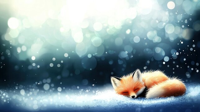   A close-up of a fox resting on a snow-covered ground with a soft bokeh light from behind it