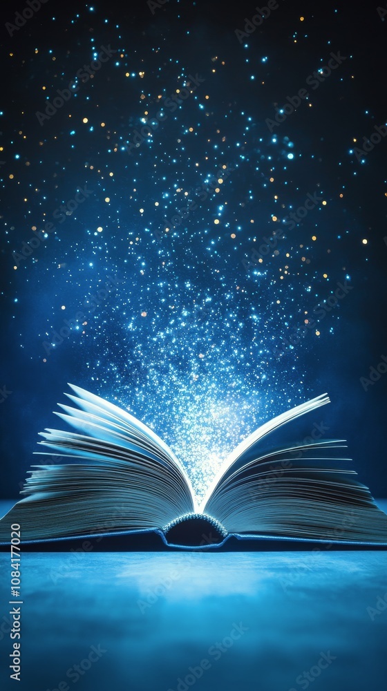 Poster an open book illuminates a starry sky, inviting imagination and wonder in a serene setting