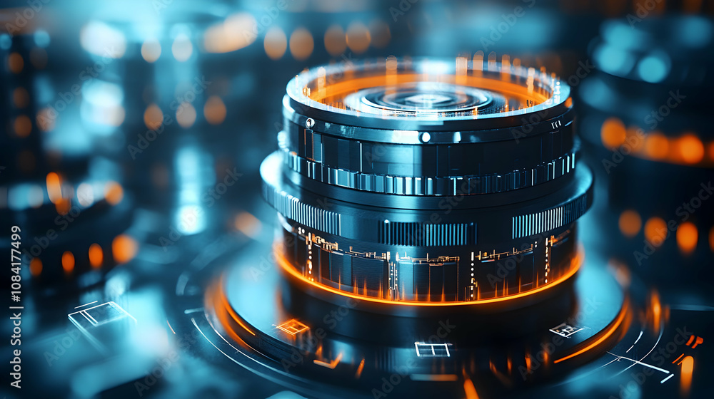Poster futuristic camera lens: a 3d render of a sleek, high-tech optical device with glowing circuits, disp