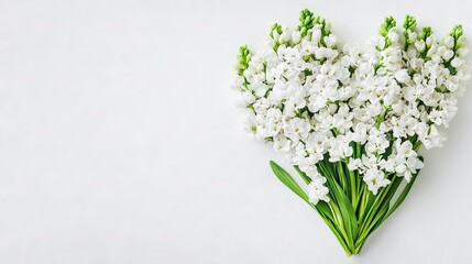Obraz premium A heart-shaped bouquet of white flowers on a white background, with space for text