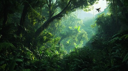A dense jungle with towering trees, hanging vines, and the sounds of exotic birds and insects filling the air