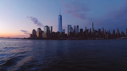 Obraz premium Panoramic night view of the New York skyline with neon-lit skyscrapers and reflections in the water, featuring Manhattan island. 