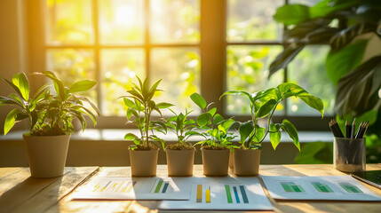 Fototapeta premium Captivating Scene of Fresh Green Plants on a Wooden Table with Charts and Natural Light Streaming Through Windows in a Lively Indoor Environment