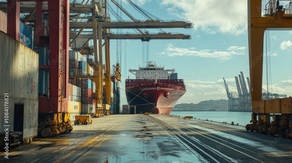 Poster cargo ship docked at a busy port with cranes and containers