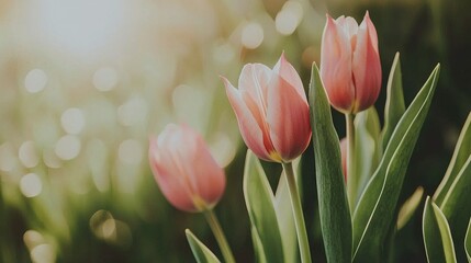 Obraz premium A close-up of pink tulips in a field, with sunlight filtering through tree branches in the background