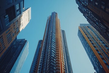 Obraz premium Geometric Skyscrapers Upward View in Modern City
