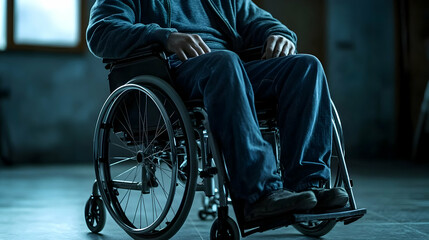 Obraz premium A Person Sits in a Wheelchair, Legs Crossed, in a Dimly Lit Room, Conveying Feelings of Isolation and Reflection.