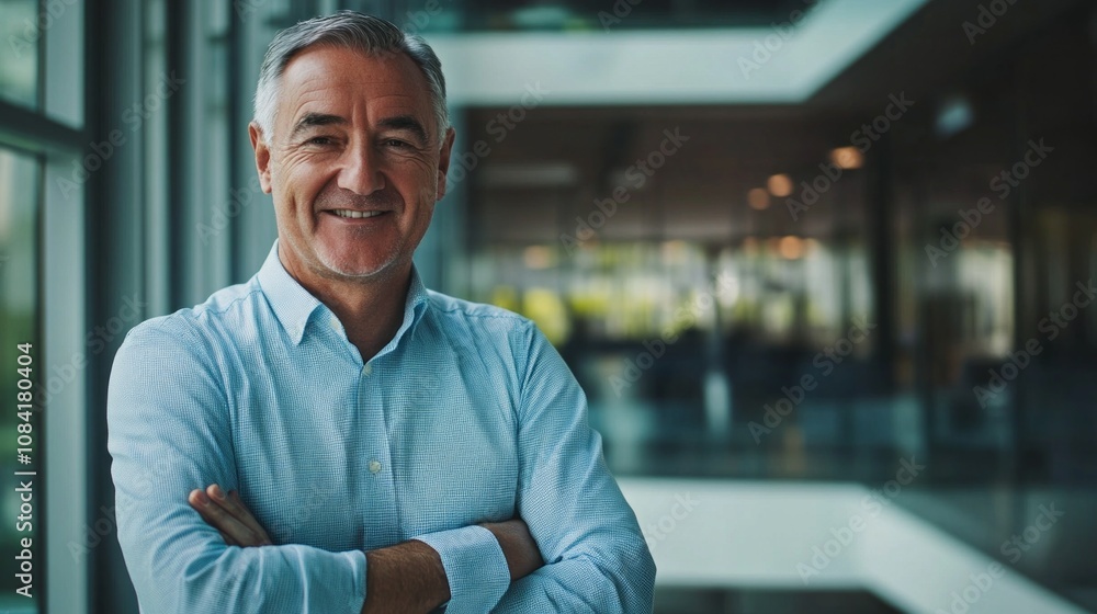 Poster a man in a blue shirt is smiling and standing in front of a window