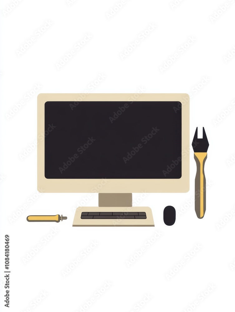 Poster a computer monitor sits alongside a screwdriver and mouse, highlighting essential tools for repairin