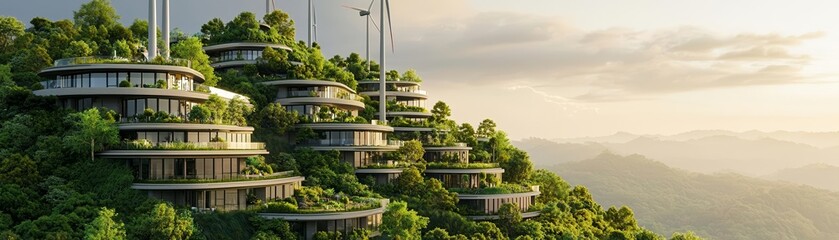 Fototapeta premium Buildings and wind turbines on lush hilltop, symbolizing renewable energy, sustainable city concept