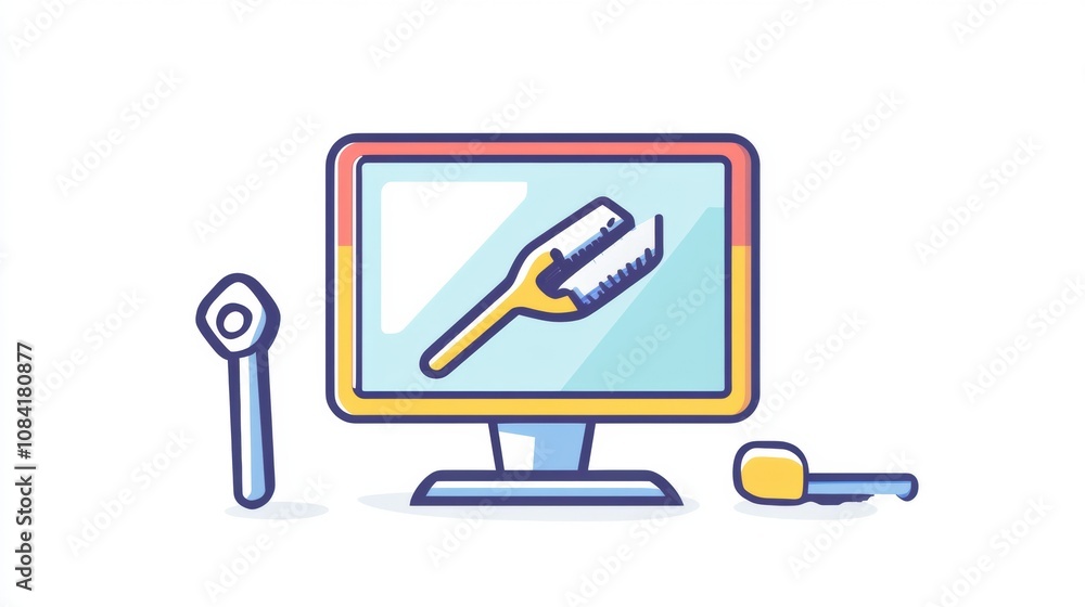 Poster a digital representation showcases a computer screen with a screwdriver icon and a wrench, emphasizi