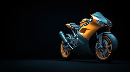 Fototapeta premium High-performance orange and black sports motorcycle with aerodynamic design on a dark background, showcasing sleek bodywork and advanced engineering features