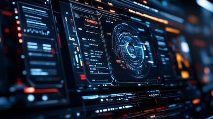 Obraz premium Futuristic digital interface displaying data analytics and visualizations, showcasing advanced technology and design elements. vibrant colors and intricate details create an engaging atmosphere