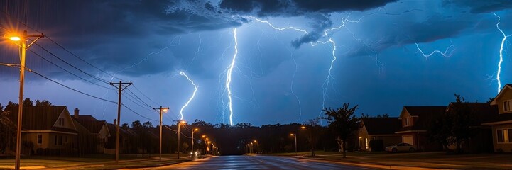 Naklejka premium a dramatic scene of a thunderstorm raging over a residential street at night. effectively used light, shadow, and composition to create a dramatic and memorable scene. It evokes a sense of both wonder