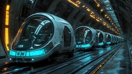 Obraz premium Futuristic transport pods space station digital art sci-fi environment interior view innovation
