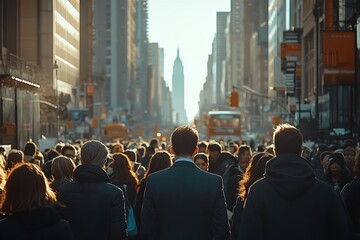 Obraz premium Golden Hour Walkers Among City Skyscrapers