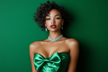  stylish mixed race woman stands against a solid emerald green background, wearing a stunning strapless satin dress in vibrant emerald green. The dress features an oversized bow detail