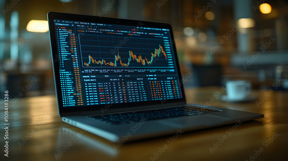 Poster laptop displays stock market data graph and numbers in a cafe setting