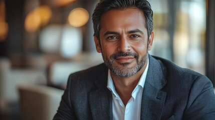 Obraz premium A confident man in a suit smiles warmly in a modern, stylish setting.