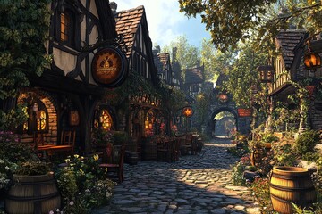Fototapeta premium The exterior city fantasy setting of a medieval tavern. Generative Ai