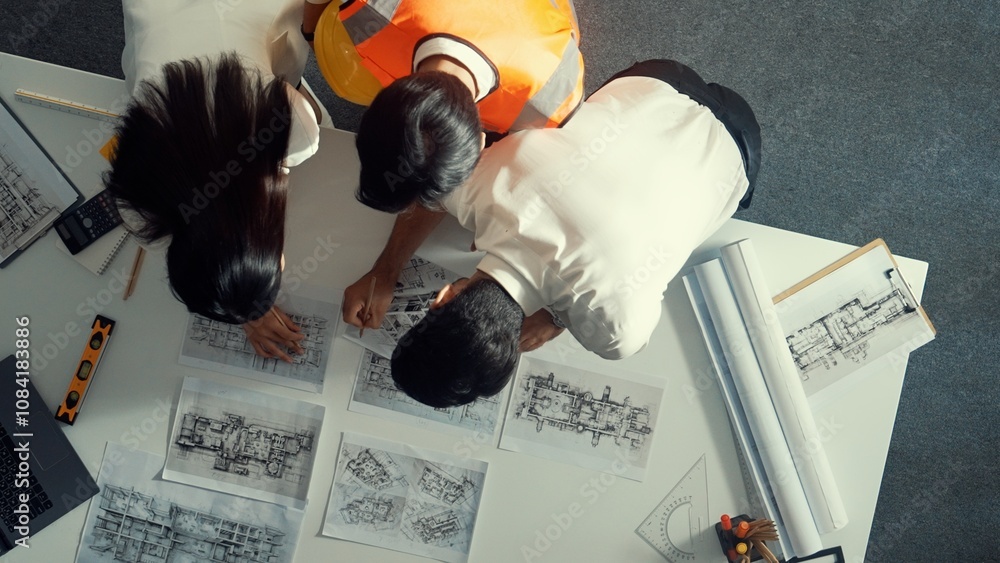 Poster top down view of project manager and civil engineer hold laptop while explain idea to architect. aer