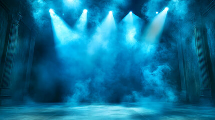 Obraz premium Ethereal Blue-Lit Hallway: 3D Render of Smoky, Dramatic Stage Background with Ancient Columns