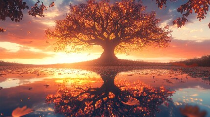 A majestic tree with vibrant autumn leaves reflecting in a tranquil puddle at sunset.