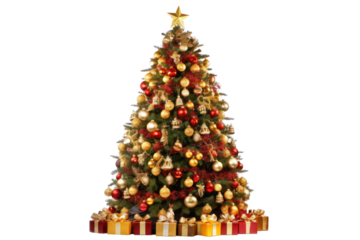 Christmas tree decorated with ornaments, lights, and a star on top with wrapped presents underneath