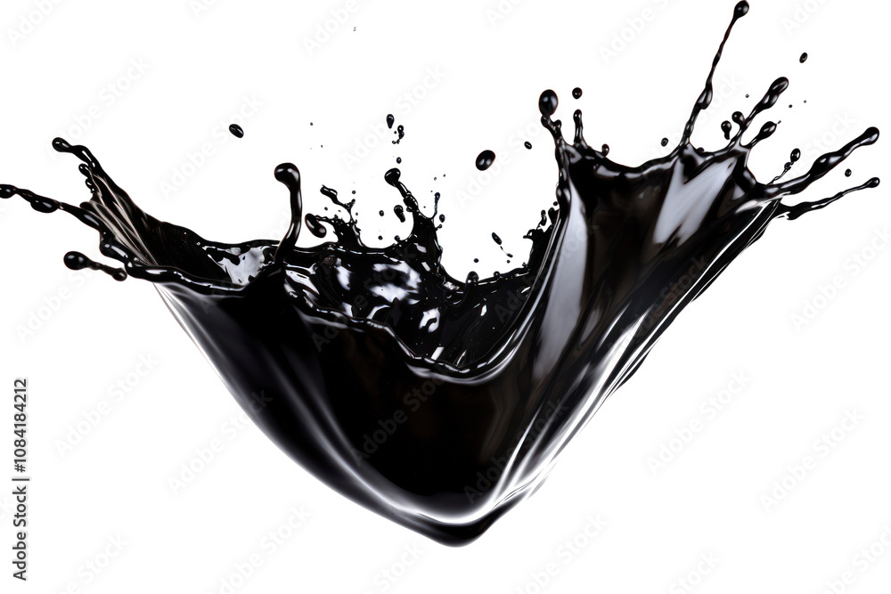 Aufkleber black engine oil splashing dynamically from a tilted plastic container, creating fluid shapes in mid