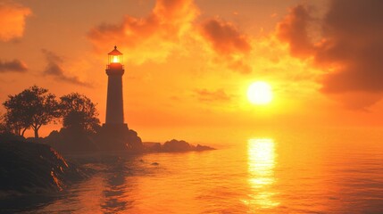 Fototapeta premium Lighthouse glowing in the orange light of sunset, radiating comfort and tranquility, lighthouse, sunset, orange light