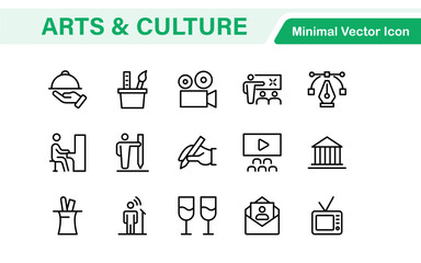 Fototapeta premium Arts and Culture Icon Set. High-quality icons for Museums, Music, Dance, Theater, Festivals, artistic Expression, Traditions, History, Crafts, and Creative Activities
