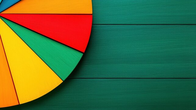 A colorful pie chart on a green wooden background, showcasing vibrant segments in red, yellow, green, and orange, symbolizing data representation. - Powered by Adobe