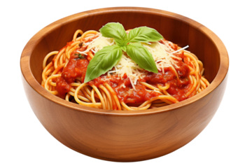 An overhead view of freshly made spaghetti served in a rustic bowl, topped with a rich marinara sauce, grated Parmesan cheese, and fresh basil leaves.