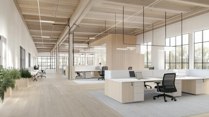 Modern office interior featuring spacious workstations, large windows, and natural light. design emphasizes minimalist aesthetic with wooden accents and greenery, creating productive and inviting atmo