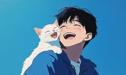 Joyful Moment between Boy and White Cat under Bright Blue Sky