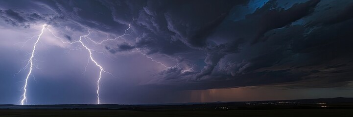 dramatic nighttime landscape with a powerful lightning strike as its focal point. lightning in the dark