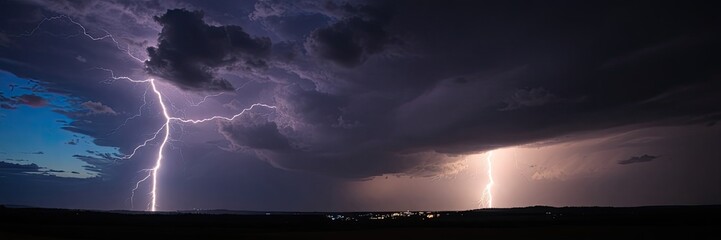 dramatic nighttime landscape with a powerful lightning strike as its focal point. lightning in the dark