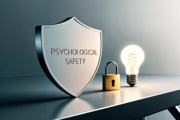 A shield with the word text "PSYCHOLOGICAL SAFETY" written on it, next to a lit bulb and a gold-colored padlock.